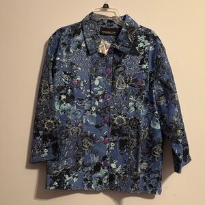 Monterey Bay vintage Blue Floral Button-Up jacket with Purple Buttons